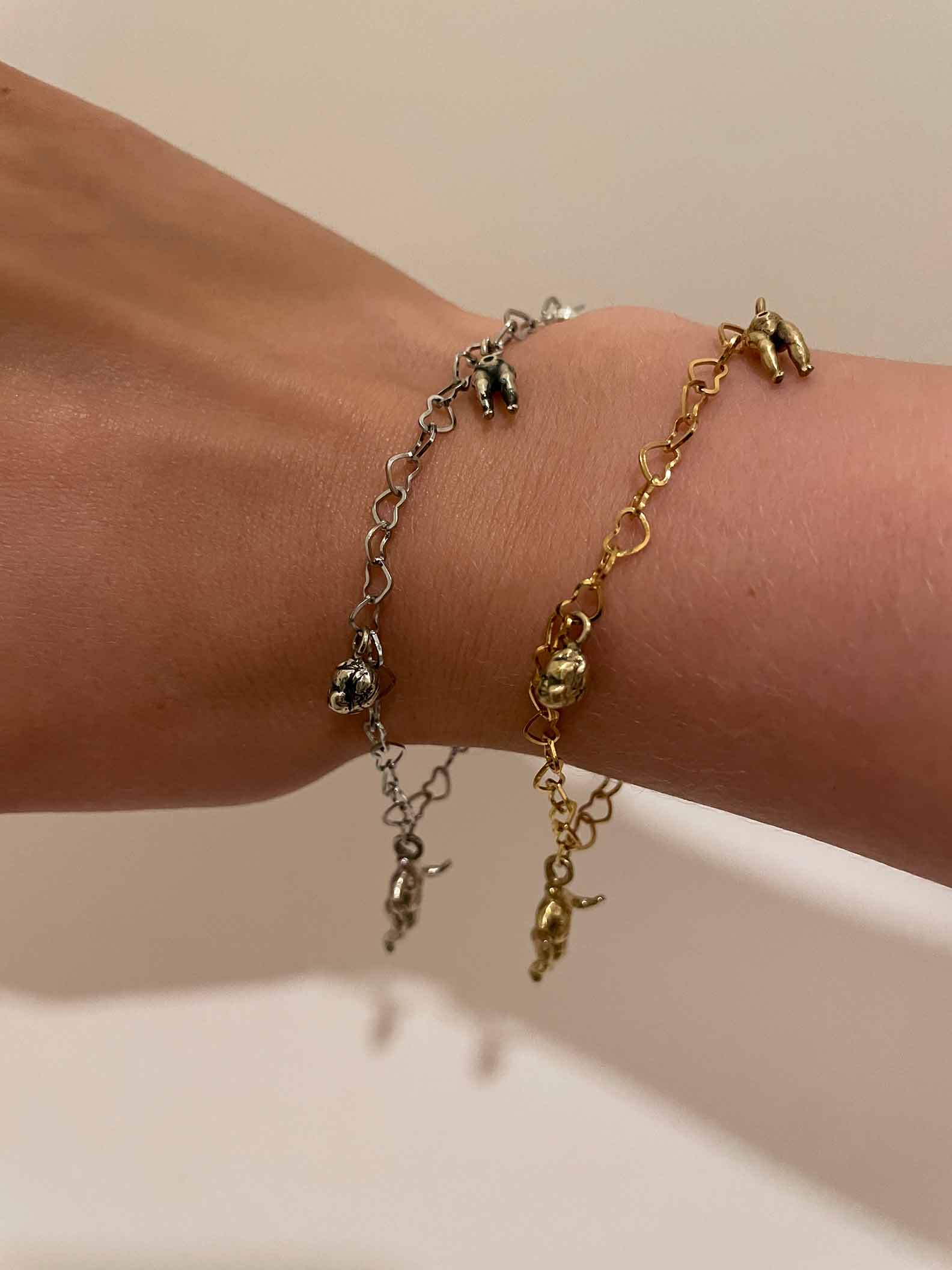 Hand engraved child silhouette charm bracelet with double chain in Silver,  10K Gold, 14K Gold or 18K Gold