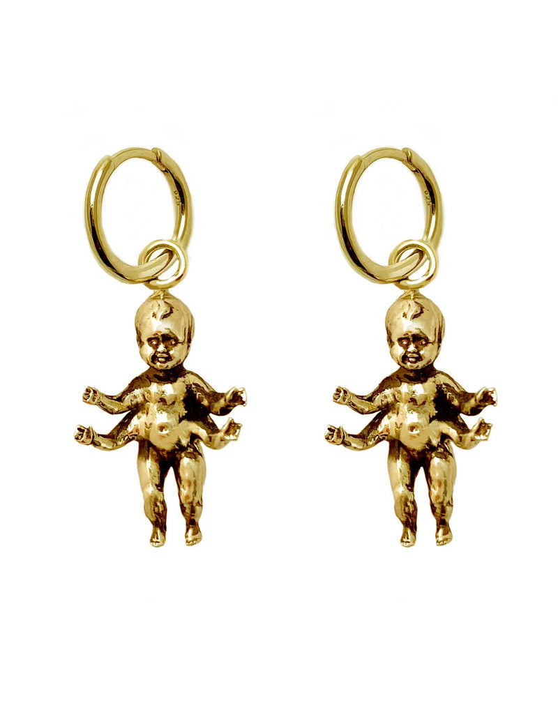 gold four arm baby charm earring minimal quirky