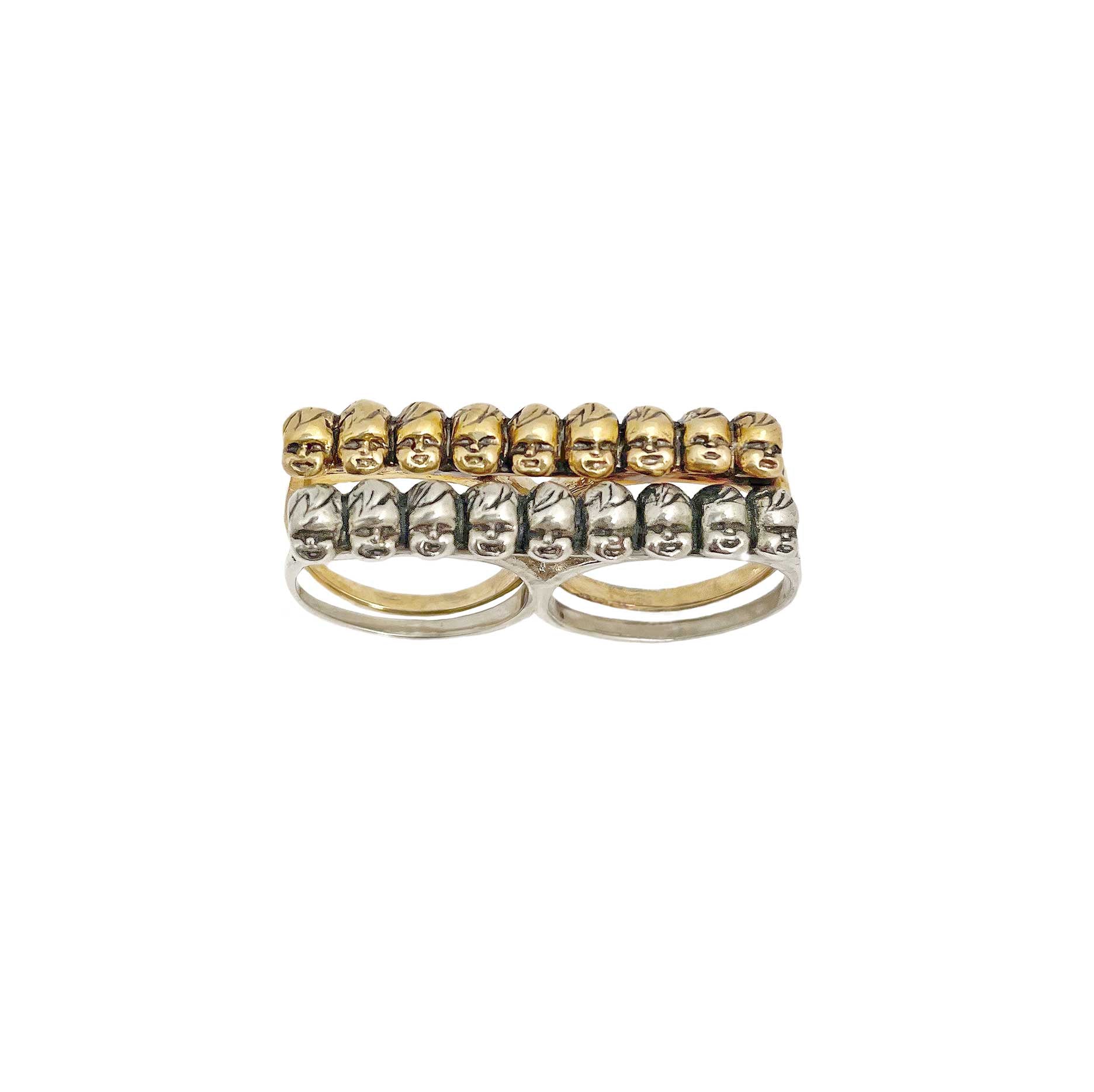silver and gold baby head knuckle ring stackable two finger ring