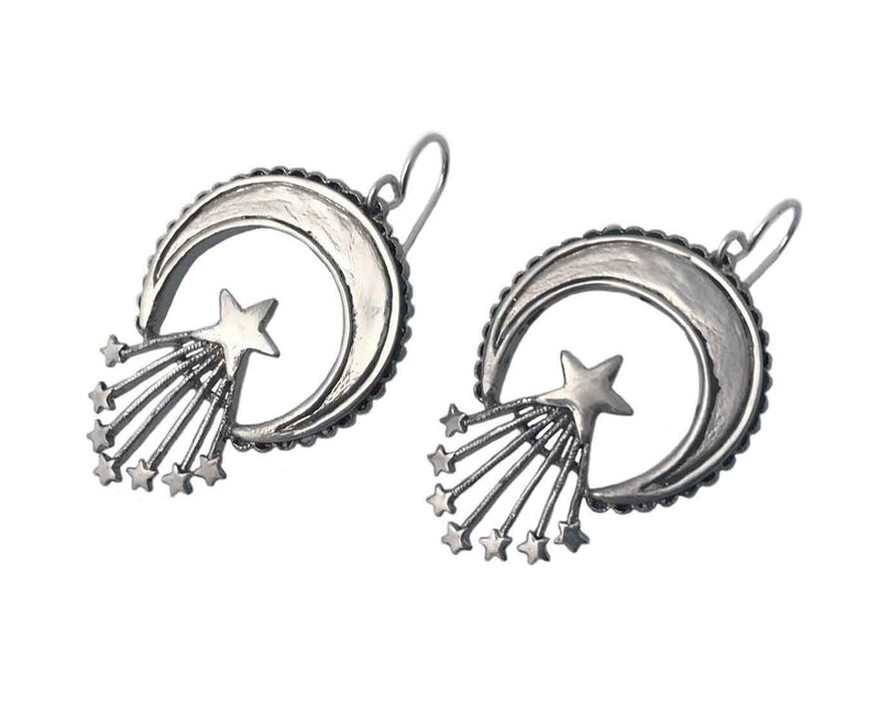 Crescent moon luna lunar & Stars shooting stars Dangle Earrings silver- Anomaly Jewelry