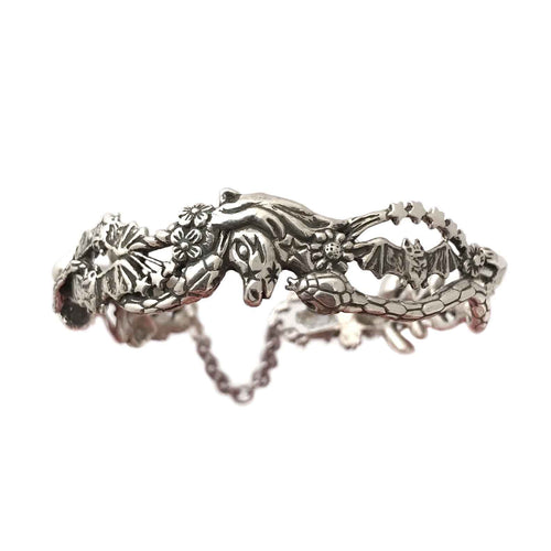 Cornucopia Bracelet with cats bats flowers snakes silver bangle- Anomaly Jewelry