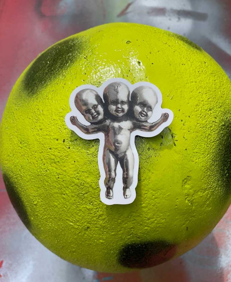 three headed baby charm silver sticker 